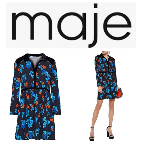 Maje Dresses & Skirts - Maje Velvet Paneled Ruelli Floral Mini Shirtdress